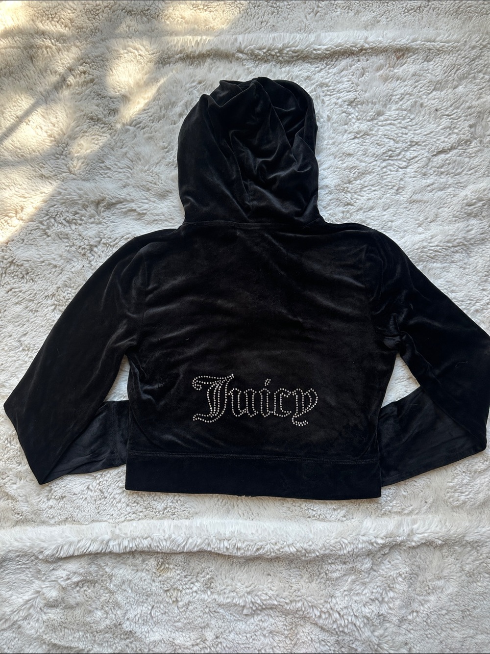 Juicy Couture Black Rhinestone Crop Velour Hoodie Bling Big 'Juicy' Logo